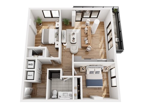 Floor plan for 2 beds, 1 bath, 960 sqft